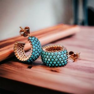 Sterling Silver rose gold plated micro pave turquoise blue stone hoop earring